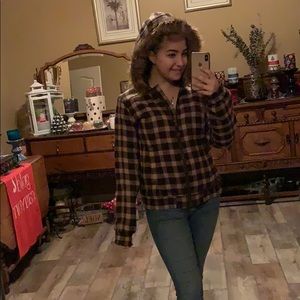 Flannel jacket with fur around the hood